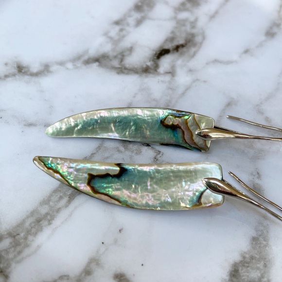 Abalone Shell Dragon's Tooth Long Earrings Silver Plated Pierced 12x45mm NEW - Picture 4 of 4